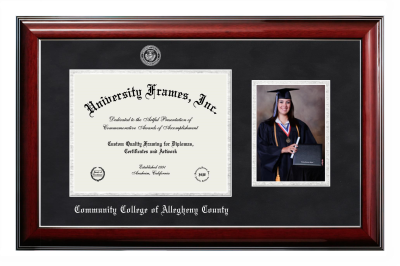 Community College of Allegheny County Diploma with 5 x 7 Portrait Frame in Classic Mahogany with Silver Trim with Black Suede & Silver Mats for document: 8 1/2"h x 11"w  