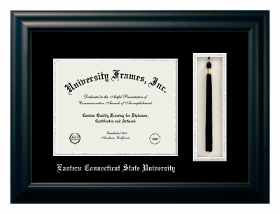 Eastern Connecticut State University Diploma with Tassel Box Frame in Satin Black with Black & Silver Mats for document: 8 1/2"h x 11"w  