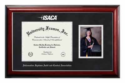 Information Systems Audit and Control Association Diploma with 5 x 7 Portrait Frame in Classic Mahogany with Silver Trim with Black Suede & Silver Mats for document: 8 1/2"h x 11"w  