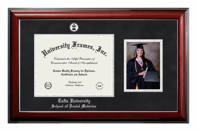 Tufts University School of Dental Medicine Diploma with 5 x 7 Portrait Frame in Classic Mahogany with Silver Trim with Black Suede & Silver Mats for document: 8 1/2"h x 11"w  
