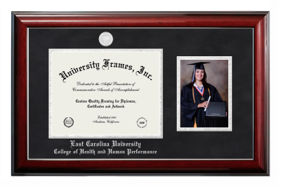 East Carolina University College of Health and Human Performance Diploma with 5 x 7 Portrait Frame in Classic Mahogany with Silver Trim with Black Suede & Silver Mats for document: 8 1/2"h x 11"w  