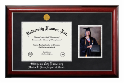 Oklahoma City University Wanda L. Bass School of Music Diploma with 5 x 7 Portrait Frame in Classic Mahogany with Silver Trim with Black Suede & Silver Mats for document: 8 1/2"h x 11"w  