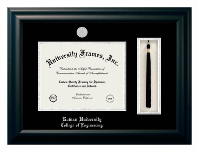 Rowan University College of Engineering Diploma with Tassel Box Frame in Satin Black with Black & Silver Mats for document: 8 1/2"h x 11"w  