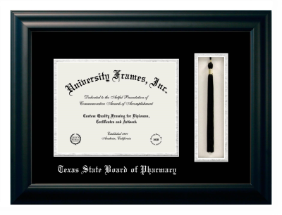 Texas State Board of Pharmacy Diploma with Tassel Box Frame in Satin Black with Black & Silver Mats for document: 8 1/2"h x 11"w  