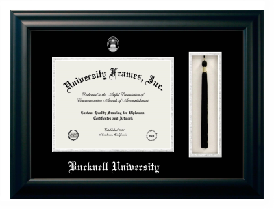Bucknell University Diploma with Tassel Box Frame in Satin Black with Black & Silver Mats for document: 8 1/2"h x 11"w  
