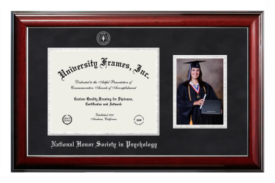 National Honor Society in Psychology Diploma with 5 x 7 Portrait Frame in Classic Mahogany with Silver Trim with Black Suede & Silver Mats for document: 8 1/2"h x 11"w  