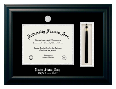 United States Navy OCS Class 10-07 Diploma with Tassel Box Frame in Satin Black with Black & Silver Mats for document: 8 1/2"h x 11"w  