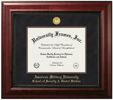 American Military University School of Security & Global Studies Diploma Frame in Executive with Mahogany Fillet with Black Suede Mat for document: 8 1/2"h x 11"w  