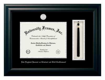 New England Journal on Criminal and Civil Confinement Diploma with Tassel Box Frame in Satin Black with Black & Silver Mats for document: 8 1/2"h x 11"w  