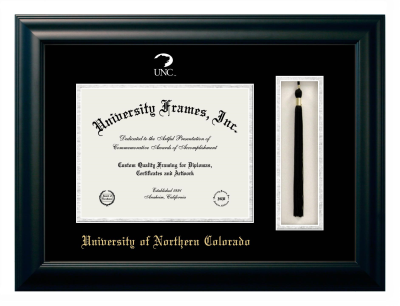 University of Northern Colorado Diploma with Tassel Box Frame in Satin Black with Black & Silver Mats for document: 8 1/2"h x 11"w  