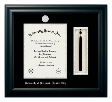 University of Missouri - Kansas City Diploma with Tassel Box Frame in Satin Black with Black & Silver Mats for  11"h x 8 1/2"w  