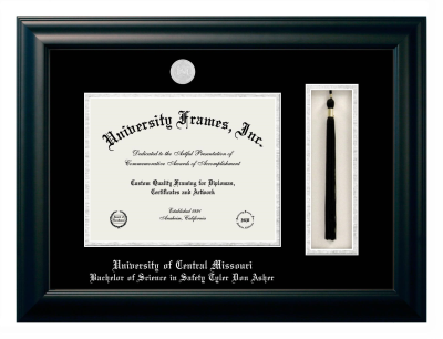 University of Central Missouri Bachelor of Science in Safety Tyler Don Asher Diploma with Tassel Box Frame in Satin Black with Black & Silver Mats for document: 8 1/2"h x 11"w  