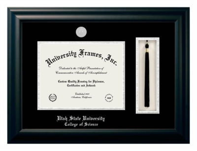 Utah State University College of Science Diploma with Tassel Box Frame in Satin Black with Black & Silver Mats for document: 8 1/2"h x 11"w  