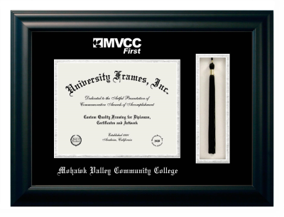 Mohawk Valley Community College Diploma with Tassel Box Frame in Satin Black with Black & Silver Mats for document: 8 1/2"h x 11"w  
