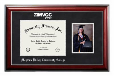 Mohawk Valley Community College Diploma with 5 x 7 Portrait Frame in Classic Mahogany with Silver Trim with Black Suede & Silver Mats for document: 8 1/2"h x 11"w  