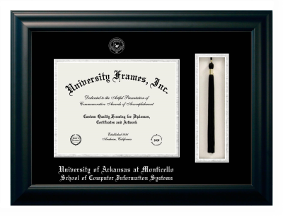 University of Arkansas at Monticello School of Computer Information Systems Diploma with Tassel Box Frame in Satin Black with Black & Silver Mats for document: 8 1/2"h x 11"w  