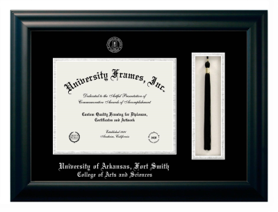 University of Arkansas Fort Smith College of Arts and Sciences Diploma with Tassel Box Frame in Satin Black with Black & Silver Mats for document: 8 1/2"h x 11"w  