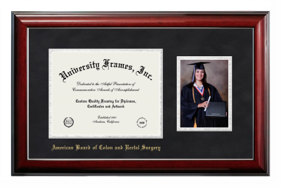 American Board of Colon and Rectal Surgery Diploma with 5 x 7 Portrait Frame in Classic Mahogany with Silver Trim with Black Suede & Silver Mats for document: 8 1/2"h x 11"w  