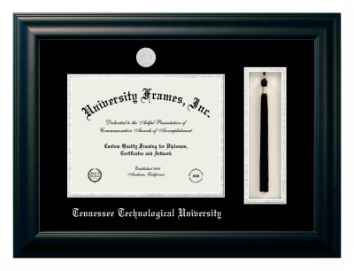 Tennessee Technological University Diploma with Tassel Box Frame in Satin Black with Black & Silver Mats for document: 8 1/2"h x 11"w  