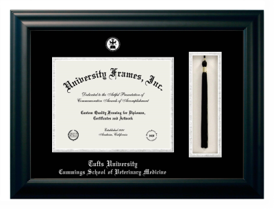 Tufts University Cummings School of Veterinary Medicine Diploma with Tassel Box Frame in Satin Black with Black & Silver Mats for document: 8 1/2"h x 11"w  
