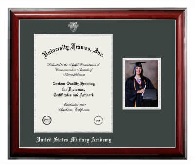 United States Military Academy (West Point) Diploma with 5 x 7 Portrait Frame in Classic Mahogany with Silver Trim with Forest Green & Silver Mats for document: 14"h x 11"w  