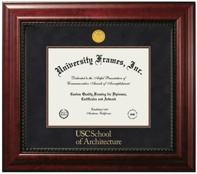 University of Southern California School of Architecture Diploma Frame in Executive with Mahogany Fillet with Black Suede Mat for document: 8 1/2"h x 11"w  