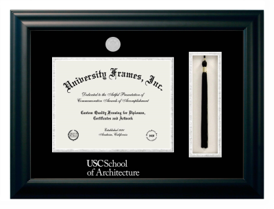 University of Southern California School of Architecture Diploma with Tassel Box Frame in Satin Black with Black & Silver Mats for document: 8 1/2"h x 11"w  