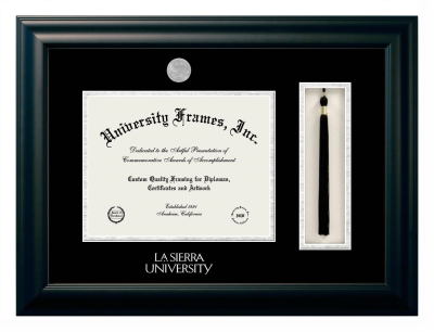 La Sierra University Diploma with Tassel Box Frame in Satin Black with Black & Silver Mats for document: 8 1/2"h x 11"w  