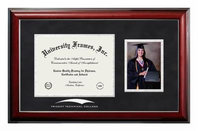 Trident Technical College Diploma with 5 x 7 Portrait Frame in Classic Mahogany with Silver Trim with Black Suede & Silver Mats for document: 8 1/2"h x 11"w  