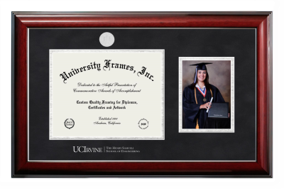 University of California Irvine The Henry Samueli School of Engineering Diploma with 5 x 7 Portrait Frame in Classic Mahogany with Silver Trim with Black Suede & Silver Mats for document: 8 1/2"h x 11"w  