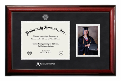 Alfred State (SUNY) Diploma with 5 x 7 Portrait Frame in Classic Mahogany with Silver Trim with Black Suede & Silver Mats for document: 8 1/2"h x 11"w  