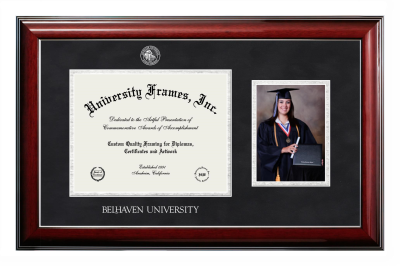 Belhaven University Diploma with 5 x 7 Portrait Frame in Classic Mahogany with Silver Trim with Black Suede & Silver Mats for document: 8 1/2"h x 11"w  