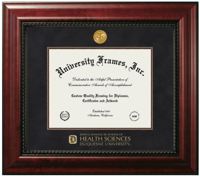 Duquesne University John G. Rangos, Sr. School of Health Sciences Diploma Frame in Executive with Mahogany Fillet with Black Suede Mat for document: 8 1/2"h x 11"w  