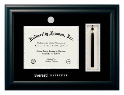 Everest Institute Diploma with Tassel Box Frame in Satin Black with Black & Silver Mats for document: 8 1/2"h x 11"w  
