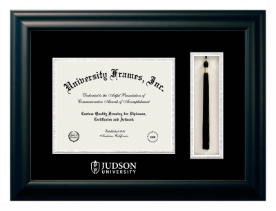 Judson University Diploma with Tassel Box Frame in Satin Black with Black & Silver Mats for document: 8 1/2"h x 11"w  