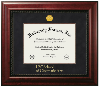 University of Southern California School of Cinematic Arts Diploma Frame in Executive with Mahogany Fillet with Black Suede Mat for document: 8 1/2"h x 11"w  