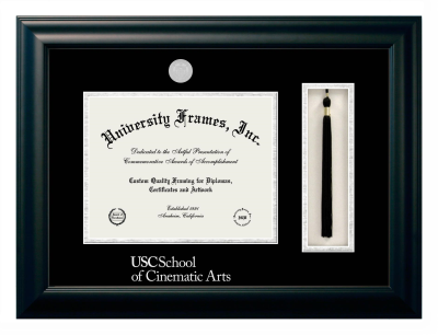 University of Southern California School of Cinematic Arts Diploma with Tassel Box Frame in Satin Black with Black & Silver Mats for document: 8 1/2"h x 11"w  