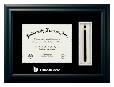 Union Bank Diploma with Tassel Box Frame in Satin Black with Black & Silver Mats for document: 8 1/2"h x 11"w  