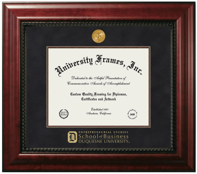 Duquesne University Entrepreneurial Studies School of Business Diploma Frame in Executive with Mahogany Fillet with Black Suede Mat for document: 8 1/2"h x 11"w  