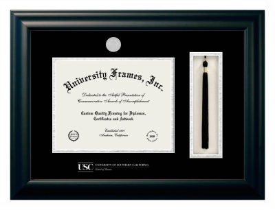 University of Southern California School of Theatre Diploma with Tassel Box Frame in Satin Black with Black & Silver Mats for document: 8 1/2"h x 11"w  