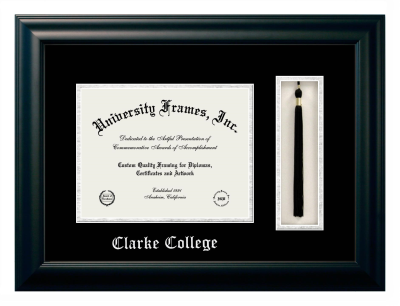 Clarke College Diploma with Tassel Box Frame in Satin Black with Black & Silver Mats for document: 8 1/2"h x 11"w  