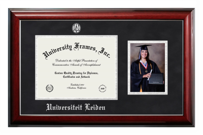 Universiteit Leiden Diploma with 5 x 7 Portrait Frame in Classic Mahogany with Silver Trim with Black Suede & Silver Mats for document: 8 1/2"h x 11"w  