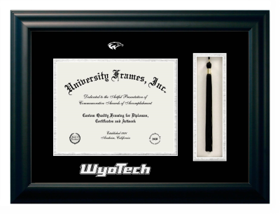 Wyotech Diploma with Tassel Box Frame in Satin Black with Black & Silver Mats for document: 8 1/2"h x 11"w  