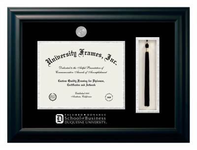 Duquesne University Palumbo Donahue School of Business Diploma with Tassel Box Frame in Satin Black with Black & Silver Mats for document: 8 1/2"h x 11"w  
