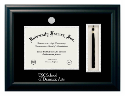 University of Southern California School of Dramatic Arts Diploma with Tassel Box Frame in Satin Black with Black & Silver Mats for document: 8 1/2"h x 11"w  