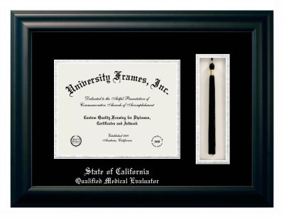 State of California Qualified Medical Evaluator Diploma with Tassel Box Frame in Satin Black with Black & Silver Mats for document: 8 1/2"h x 11"w  