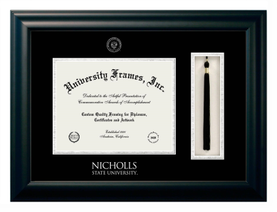 Nicholls State University Diploma with Tassel Box Frame in Satin Black with Black & Silver Mats for document: 8 1/2"h x 11"w  