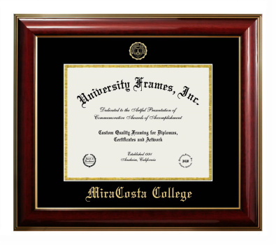 MiraCosta College Diploma Frame in Classic Mahogany with Gold Trim with Black & Gold Mats for document: 8 1/2"h x 11"w  