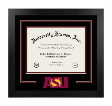 Arizona State University Logo Mat Frame in Manhattan Black with Black & Maroon Mats for document: 8 1/2"h x 11"w  