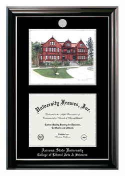 Arizona State University College of Liberal Arts & Sciences Double Opening with Campus Image (Stacked) Frame in Classic Ebony with Silver Trim with Black & Silver Mats for document: 8 1/2"h x 11"w  